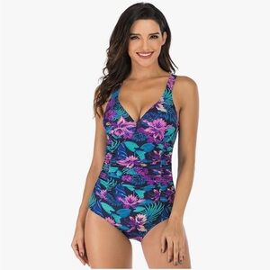 🏖️FLYRONG Ruched Tummy Control One Piece Criss-Cross Back Strap Swimsuit🏖️